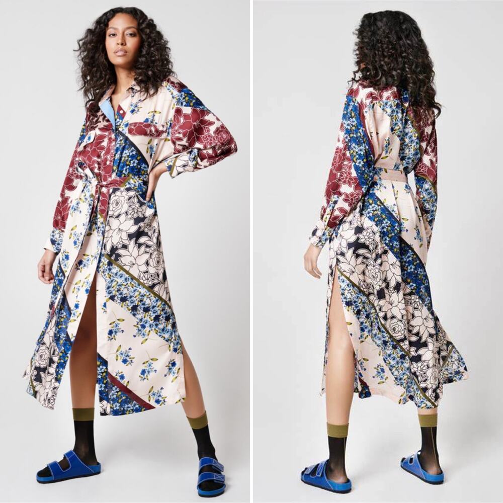 SMYTHE Shirtdress Multi Scarf Print Size Small Pink Cream Red Blue‎ Floral Chic